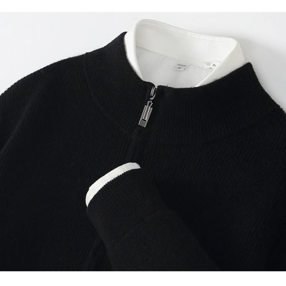 Autumn Winter Men's 100% Wool Knitted Cardigan Sweater High Collar Sweaters Coat