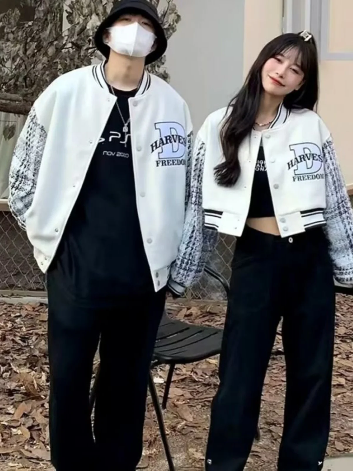 

Couples ort American Sle Baseball Jaet Outerwear Spring Autumn Plaid Sve Splicing Youth Faion round Ne Jaet