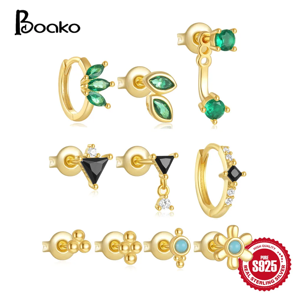 BOAKO 925 Sterling Silver Classic Green Black Zircon Turquoise Earrrings Set For Women Delicate Engagement Jewelry 3pc Piercing