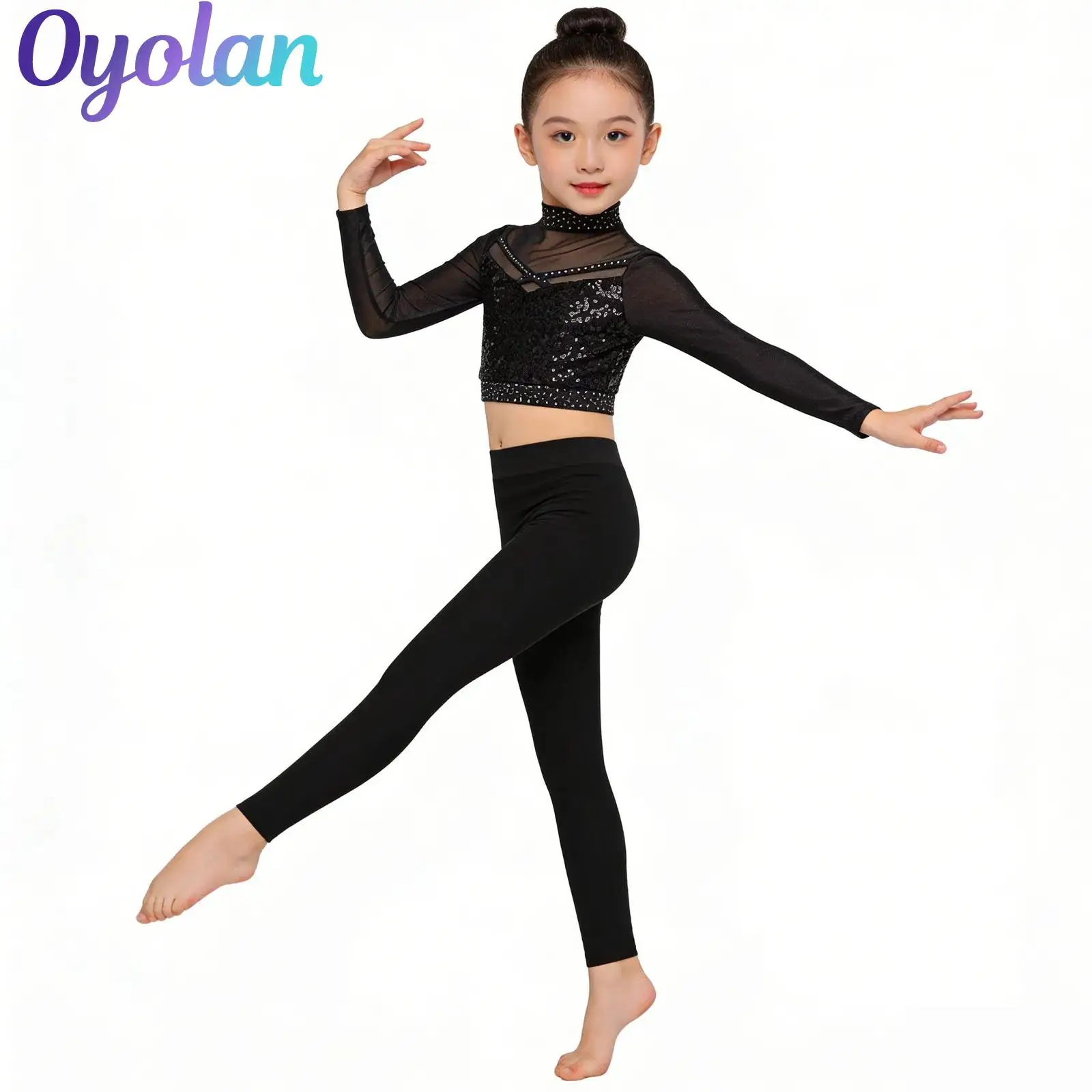 

Kids Girls Jazz Dance Performance Costume Mock Neck Long Sleeve Mesh Shiny Sequins Crop Top with Elastic Waistband Leggings