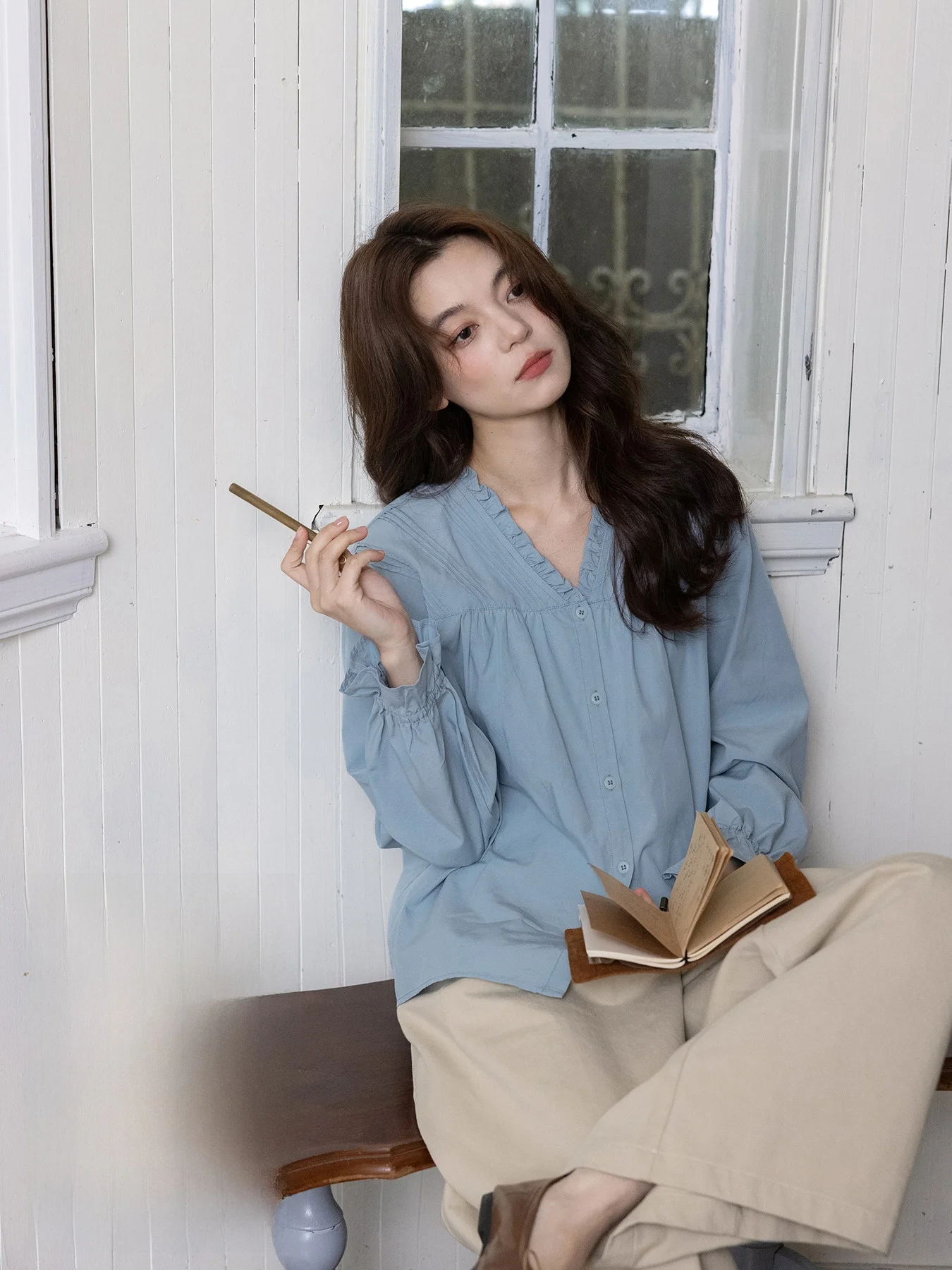 

Синий кружевной V-Ne Long Sve irt Женская модная верхняя одежда Осенний хлопок Lenzing Прямой крой Теплая обычная длина на пуговицах