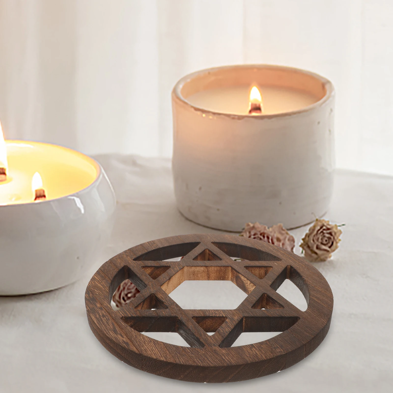 

Wooden Altar Pointed Star Wooden Carving Decor Carving Retro Style Crystal Tray Mat Decor for Home Office Ceremony Tile nament