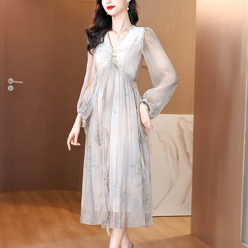 2025 Spring Holiday Boho Beach Hepburn Maxi Vestidos Women's Vintage Print Elegant Evening Prom Summer Luxury Silk Midi Dress