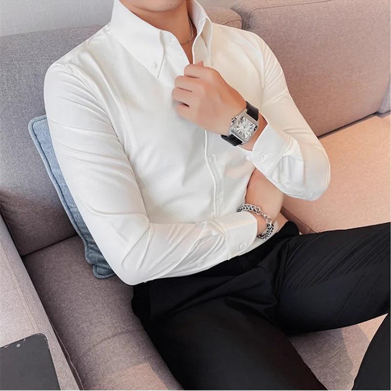 قمصان متينة ذات ياقة مدببة على الطراز الفرنسي الجديد للرجال جودة عالية فاخرة بأكمام طويلة قميص مناسب للحفلات الاجتماعية الرسمية #5