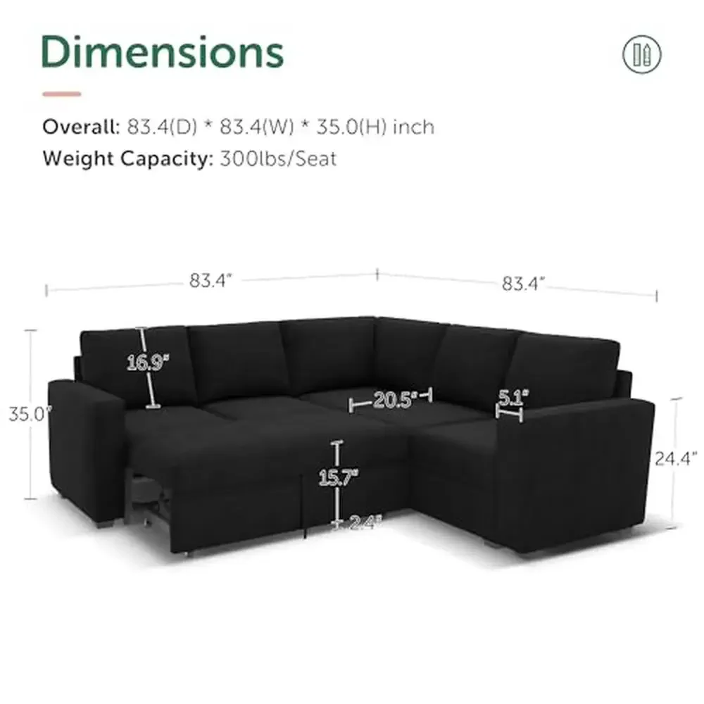 Velvet L Shaped Sectional Sleeper Sofa Bed with Storage Pull-Out Sleeper Modular Design Tool-Free Assembly Pet-Friendly Fabric