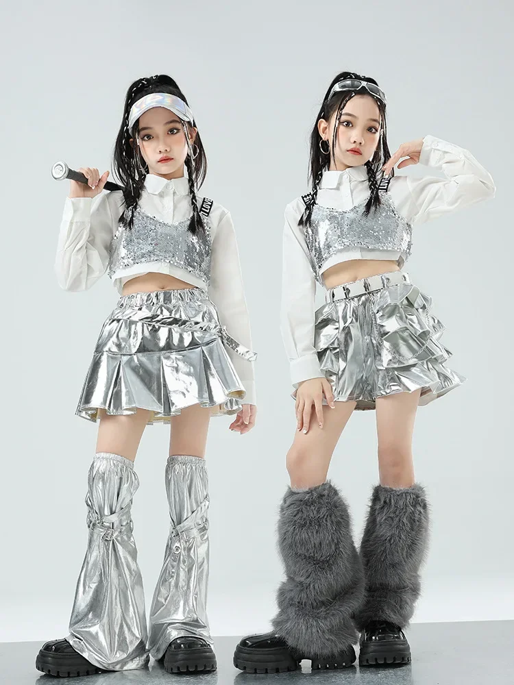 Meisjes Hip Hop Sets K-pop Sequin Crop Top Shirt Street Dance Zilveren Rokken Kinderen Streetwear Kind Jazz Kostuum meisje Groep Kleding
