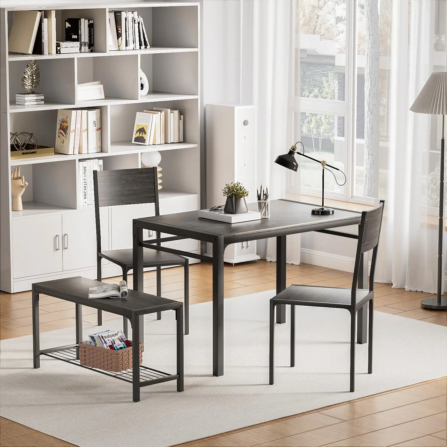 Kitchen Table and 2 Chairs for 4 with Bench, 4 Piece Dining Sets for Small Space, Dark Grey