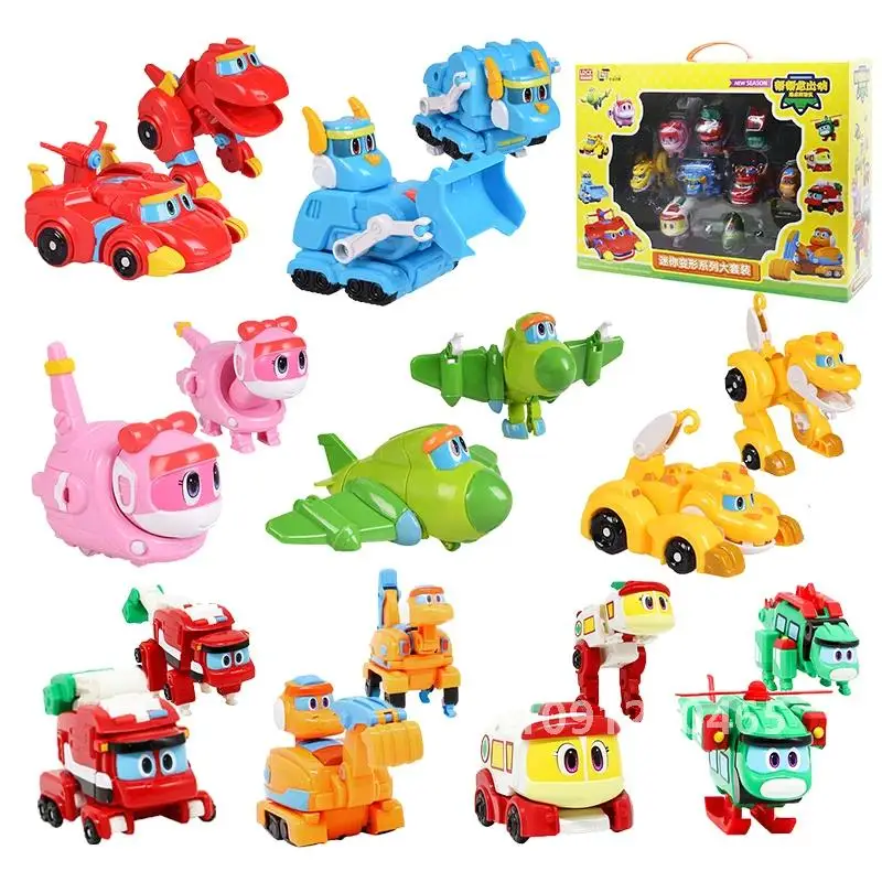 9pcs/set Min Gogo Dino Deformation Robot to Dinosaur Toy Action Figures Transformation Car Airplane Motorboat Crane toys