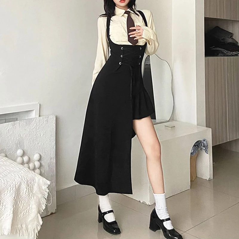 

Women Dress Set 2023 Spring Summer Two Piece Set Lady Sexy High Waist Spaghetti Strap Asymmetrical Dress And Girls Cropped Shirt