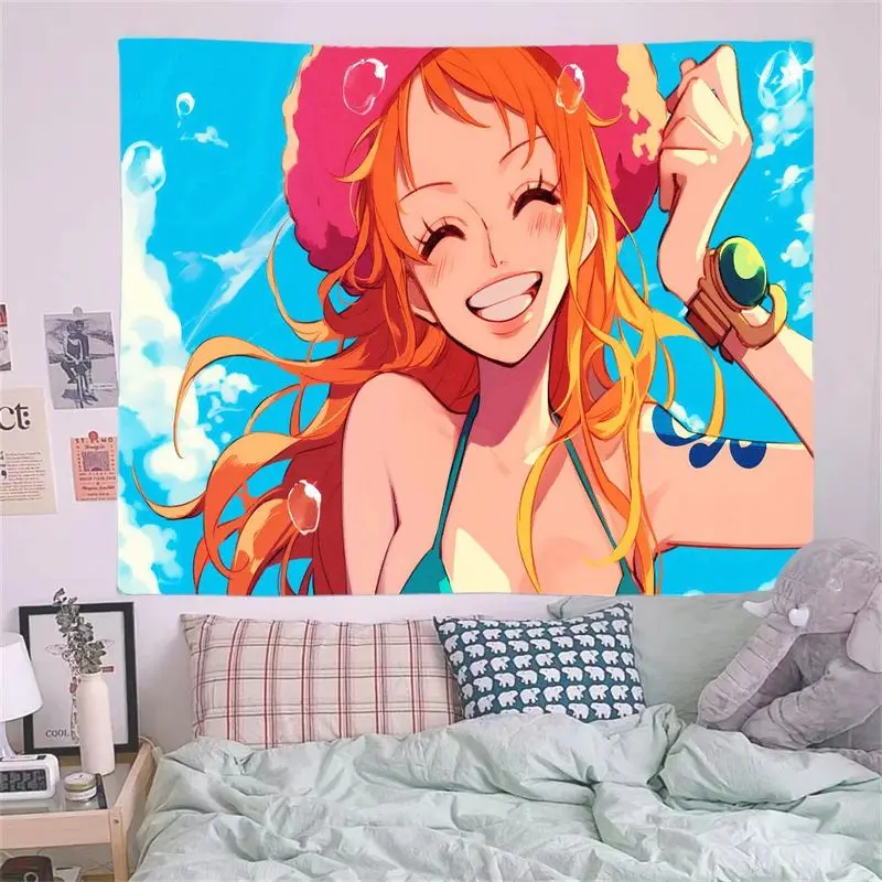 1 قطعة نسيج شخصية الرسوم المتحركة الملونة مع الشعر البرتقالي قبعة الوردي الأزرق بيكيني أعلى ، السماء الزرقاء خلفية جدار الفن لعمل مريح