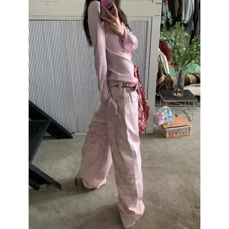 Women's Adorable Pink Vintage High Waist Wide Leg Jeans Back 2025 Summer Slimming Exclusive Type Ladies Denim Trousers