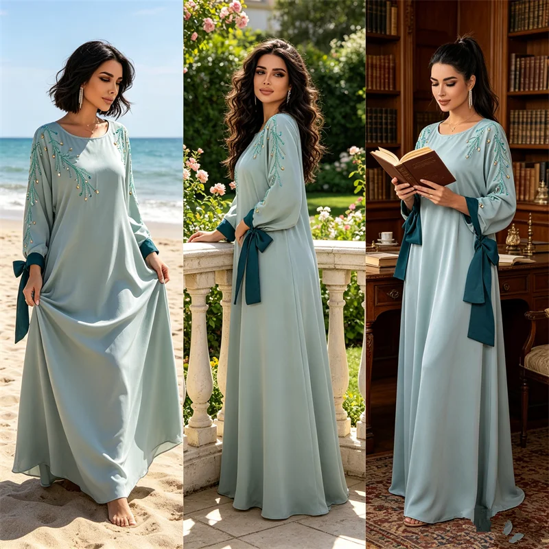 

Dubai Abaya Muslim Satin Diamonds for Women Dress Turkey Eid Party Gown Islam Kaftan Arab Robe Jalabiya Caftan Vestidos Djellaba