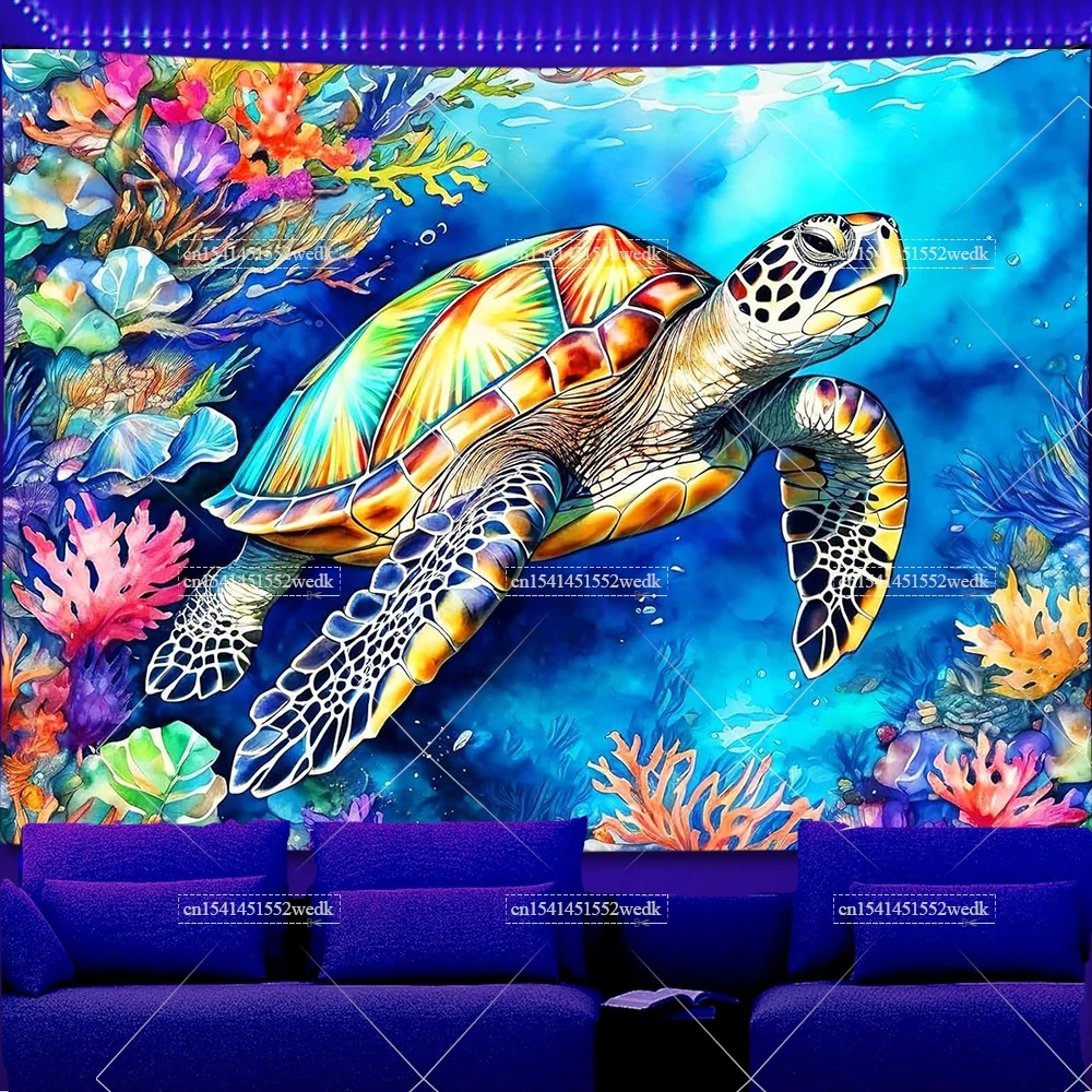 Turtle Blacklight Tapestry UV Reactive Glowing Ocean Underwater World Black Light Tapestry Aesthetic Wall Art Neon Backdrops