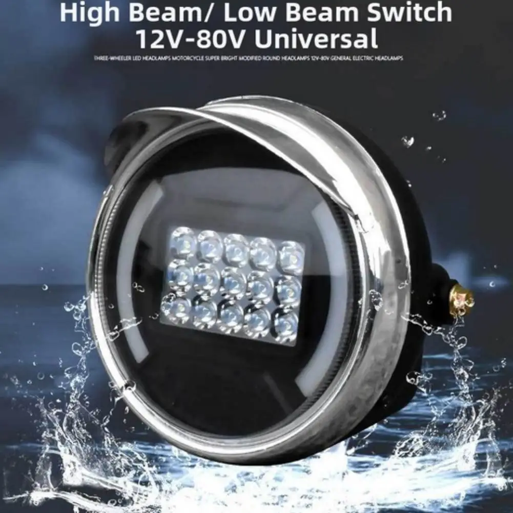 Motorcycle and Tricycle LED Headlight 15 Beads with Dual Beam Switch Compatible with 12V 80V Electrical Systems ABS Plastic Body