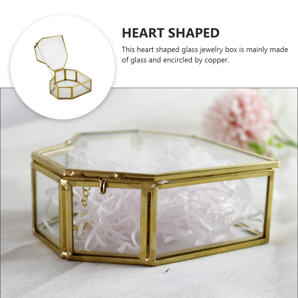 

Glass Jewelry Box Storage Holder Earrings Case Heart-Shaped Drawer Display Copper