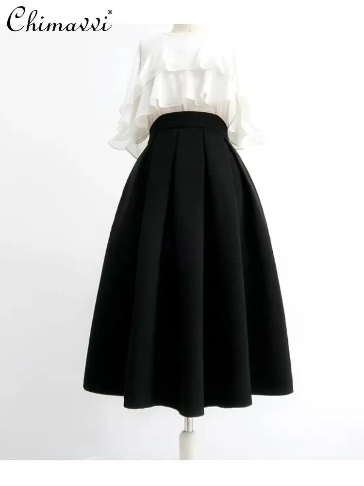 

Французская плиссированная юбка в стиле Хепберн: элегантная, универсальная, черная, с высокой талией, А-силуэт, длинная, для женщин, весенняя мода