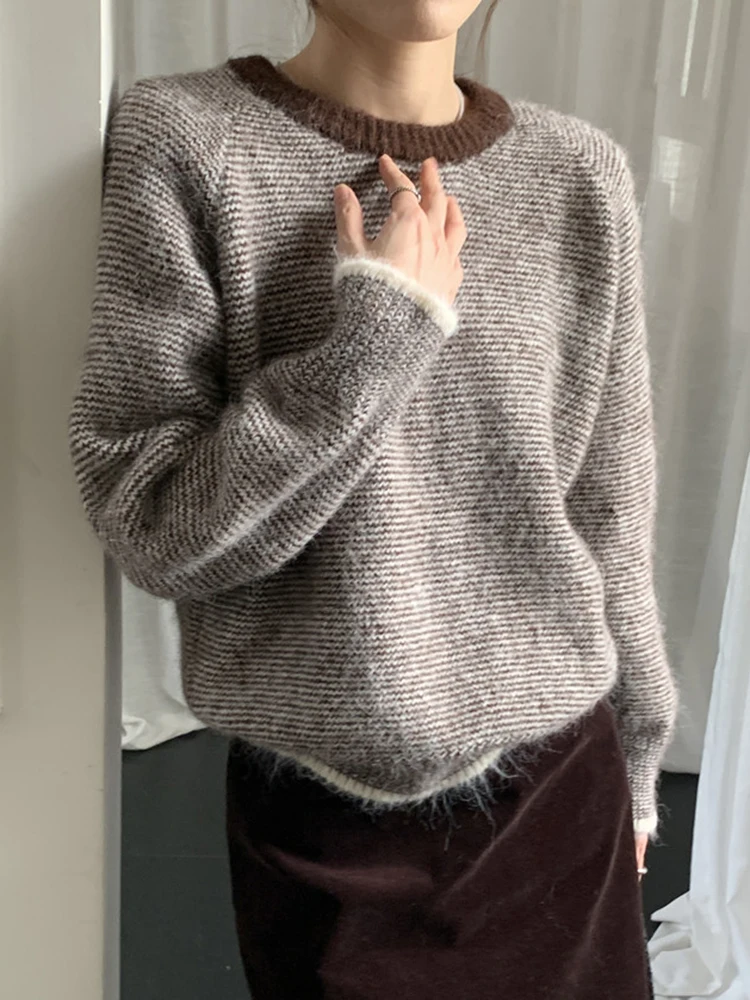 

Винтажный свитер в красную полоску, женский вязаный топ с круглым вырезом и длинными рукавами, свободные повседневные модные пуловеры, женский джемпер 2024, новинка