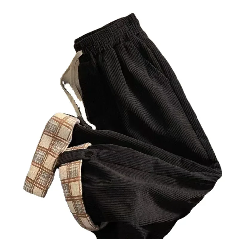 Women Casual Plaid Hemming Corduroy Pants 4Xl Oversize Harajuku Retro High Waist Straight Trousers Lady Drawstring Korean Pants