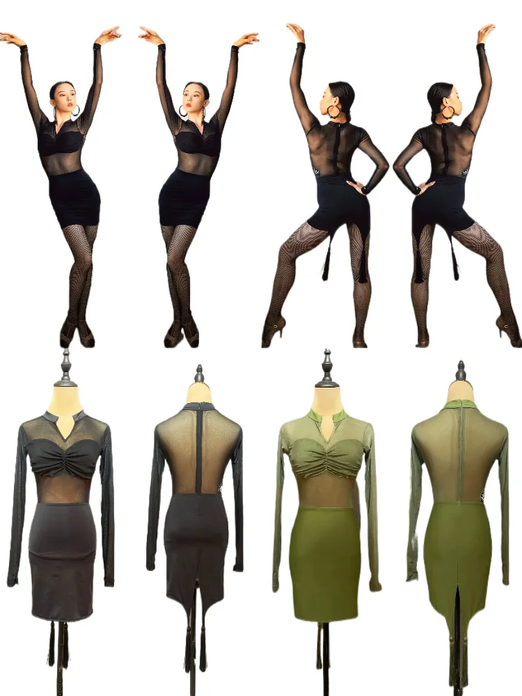 

MZDance Ladies V-neck Long-sleeve Mesh Splice Bodycon Latin Dress Rumba Cha Samba Salsa Training