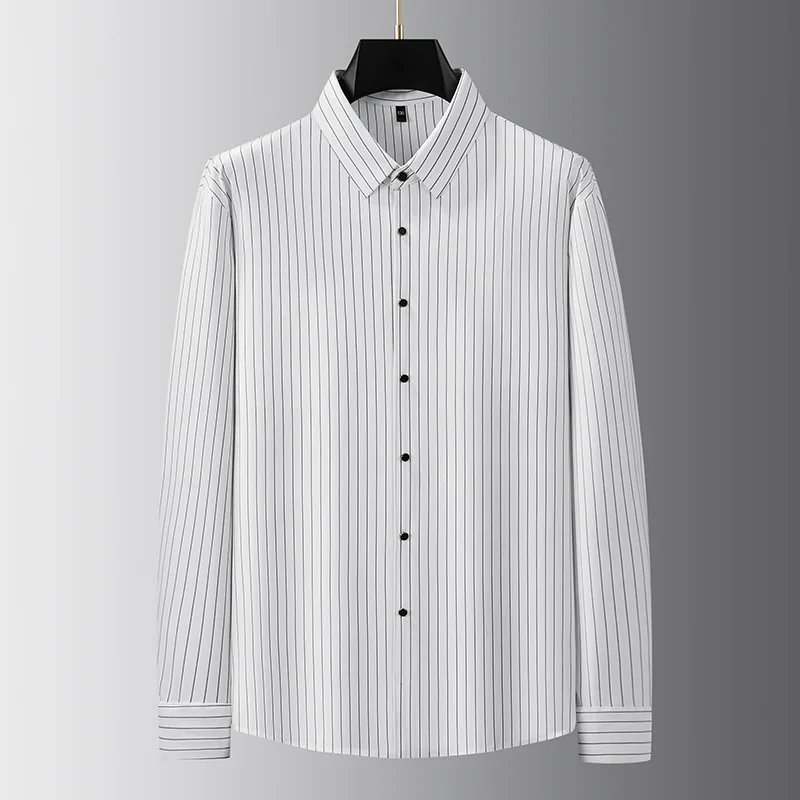 

Plus Size 7XL Spring Autumn Seamless Men's Shirts High Elasticity Long Sleeve Single Breasted Vertical Striped Man Dress Shirts