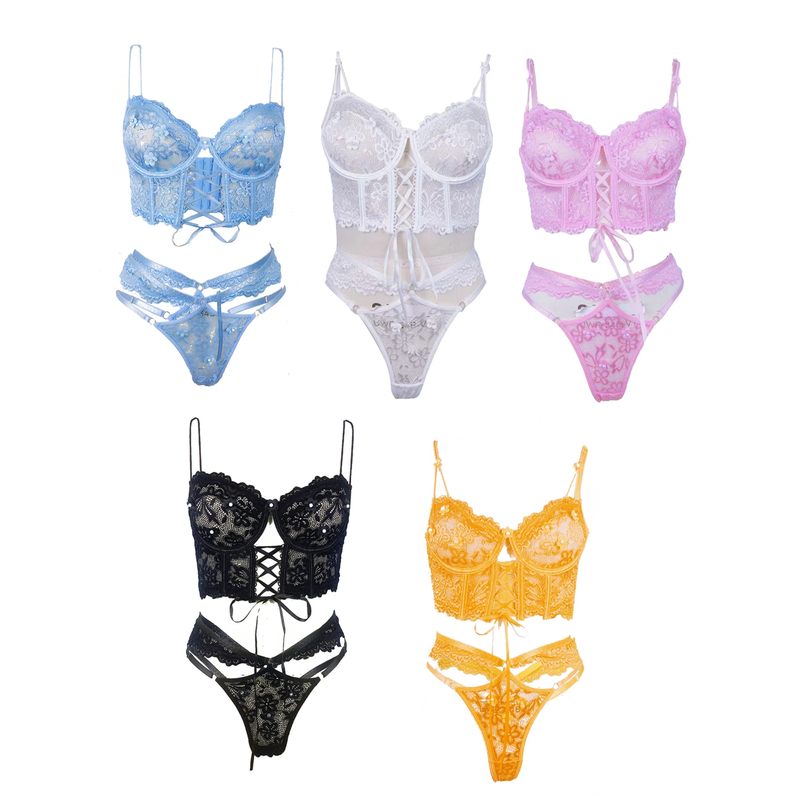 

Women s Lace Lingerie Set 3D Flower See Through Spaghetti Strap Tops High Rise Thongs for Bedroom Party