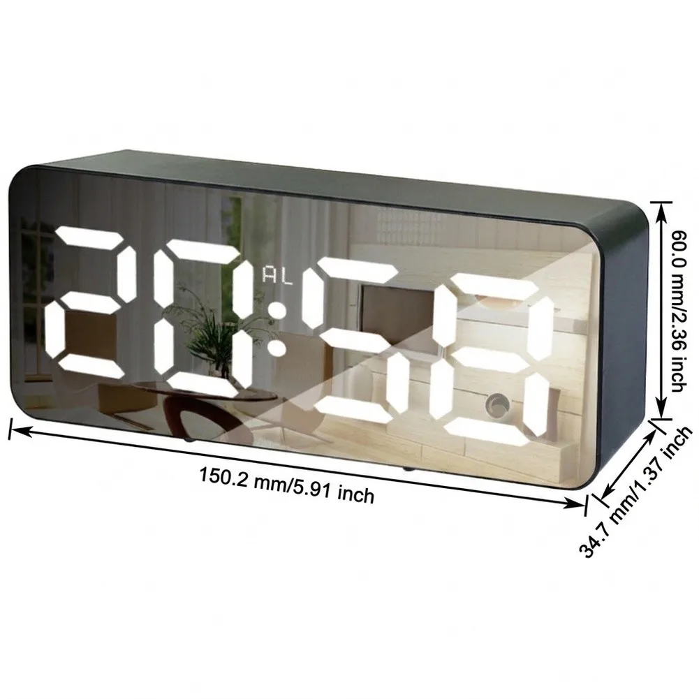 Silent for LED Alarm Clock with Bright Yet Gentle Night Light Mirror Finish 15x3.5x6cm White Plastic Digital Clock