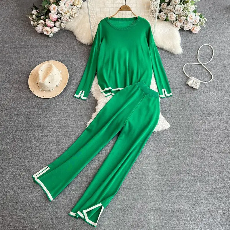 Knitted Women\'s Sleepwear Trousers Suit Two Piece Set Winter Loose Long Sleeve Knitwear Flare Pants Set Female Casual Home Suit