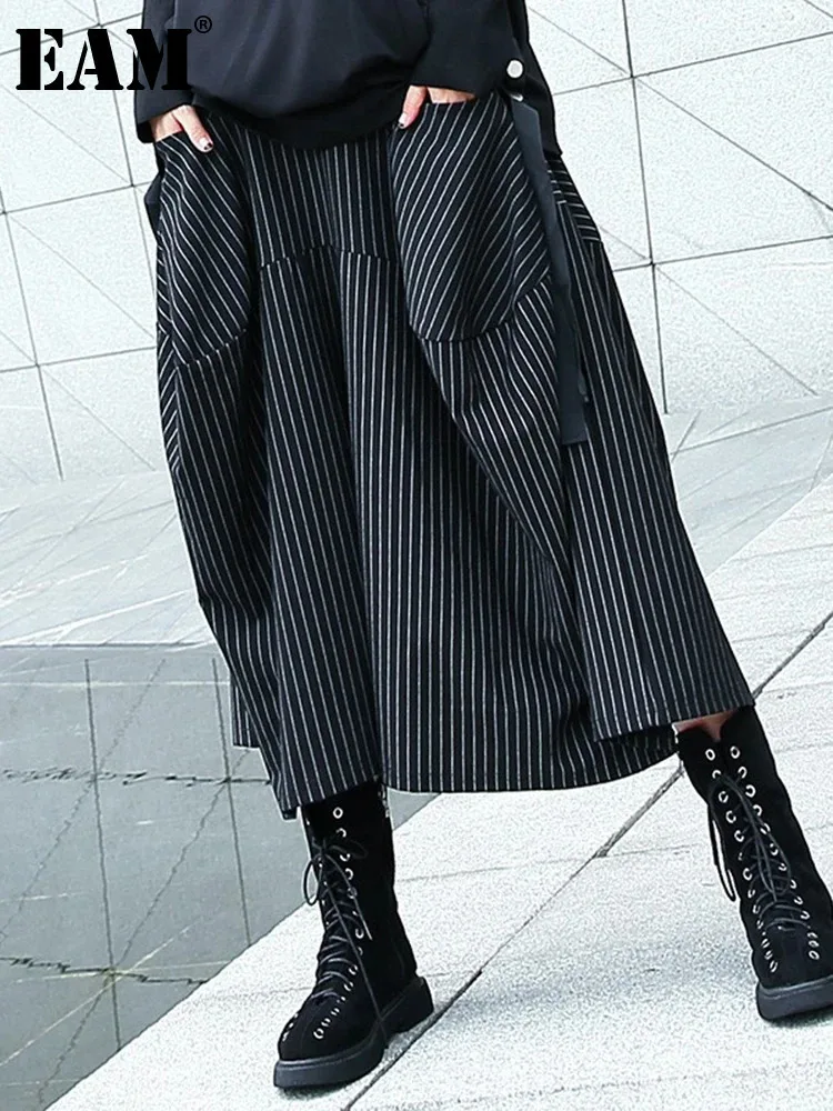 [EAM] High Elastic Waist Black Striped Long Wide Leg Casual Pants New Trousers Women Fashion Tide Spring Autumn 2025 1DH8290