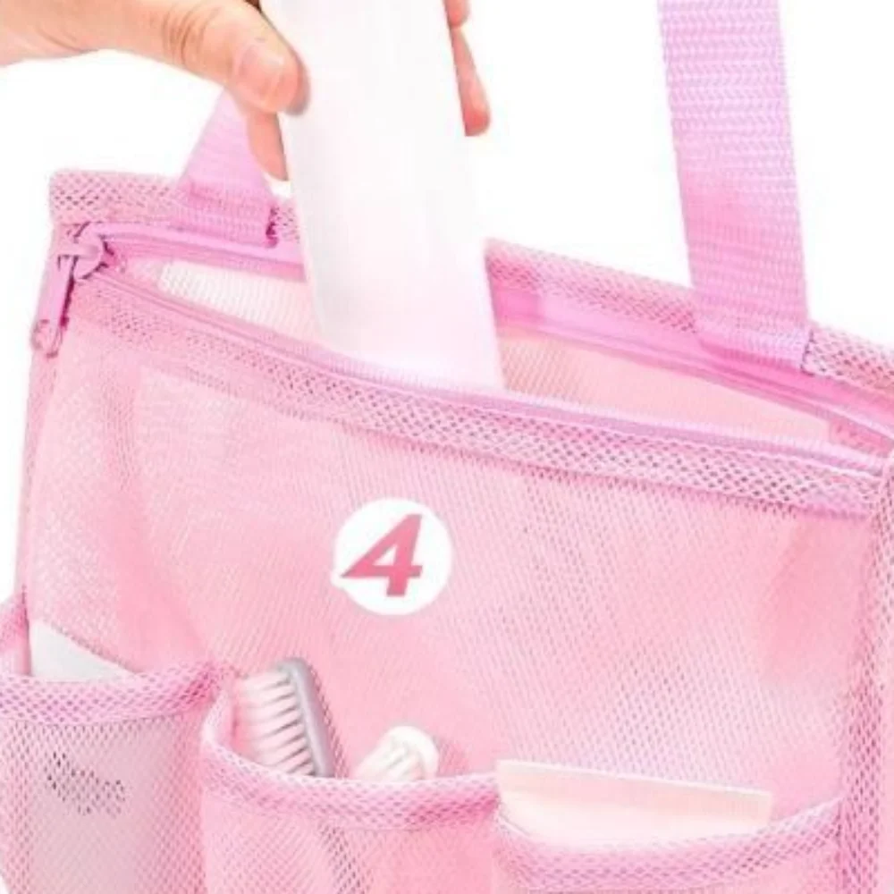 سلة استحمام شبكية قابلة للتنفس، سعة كبيرة، سلة حمام شفافة، 4 جيوب، حقيبة حمل على الشاطئ، أدوات الزينة
