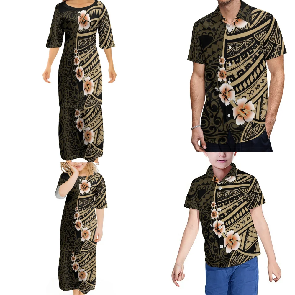 

Polynesian House Party Set Custom Tribal Grain Floral Print Summer Short Sleeve Men'S Boys Shirt Ladies Girls Puletasi