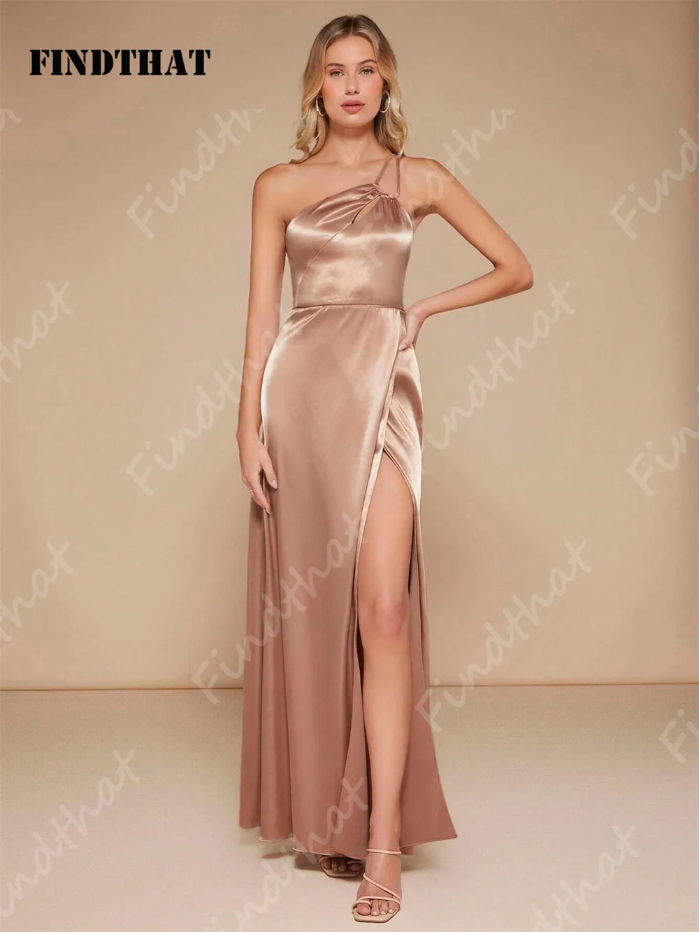 Findthat One Shoulder Wrap Hem Satin Bridesmaid Dresses 2024 Simple Sleeveless Evening Formal Gown A-Line Side Slit Floor Length