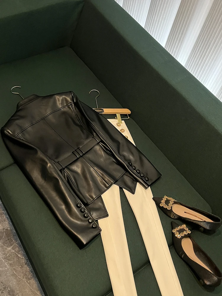 Faionable Gürtel Slim Fit Leder Jaet Mantel AK25 Frühherbst Neue Sle Long Sve Umlegekragen Anderes Material 00%