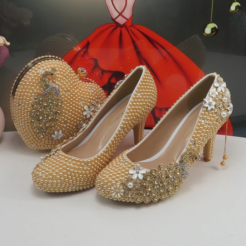 

BaoYaFang Champagne Gold Bridal wedding shoes and Bag Woman Round Toe Female Party Shoes Shallow Fashion High Pumps