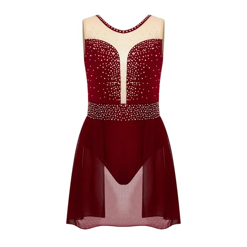 Imagen 2 del producto Vestido de patinaje artístico para niñas, disfraz de actuación, diamantes de imitación brillantes, espalda cruzada, leotardo de danza de Ballet, gimnasia lírica