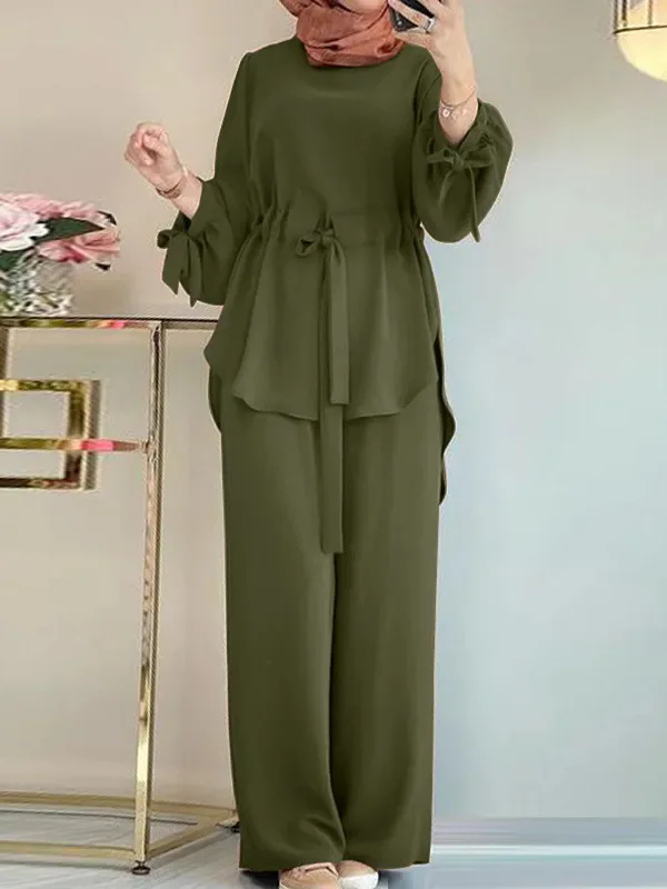Muslim Modest Two Piece Set Solid Color Drawstring Outfit Round Neck Tie Waist Suit Wide Leg Long Pants Elegant Ensemble