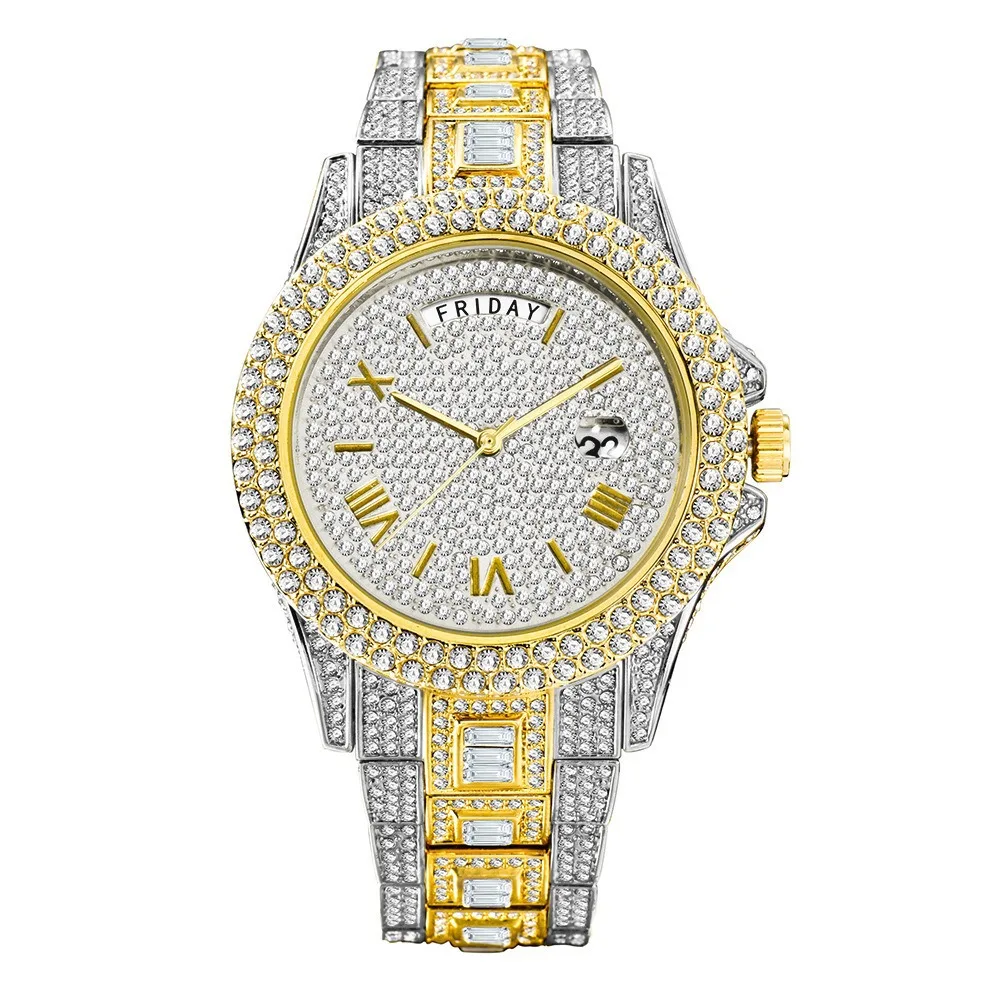 Full Diamond Hot Hip Hop Iced Out Quartz Watch for Mens Brand Fashion Bling Clocks Week Calendar Luxury Wrist Watches Man Reloj