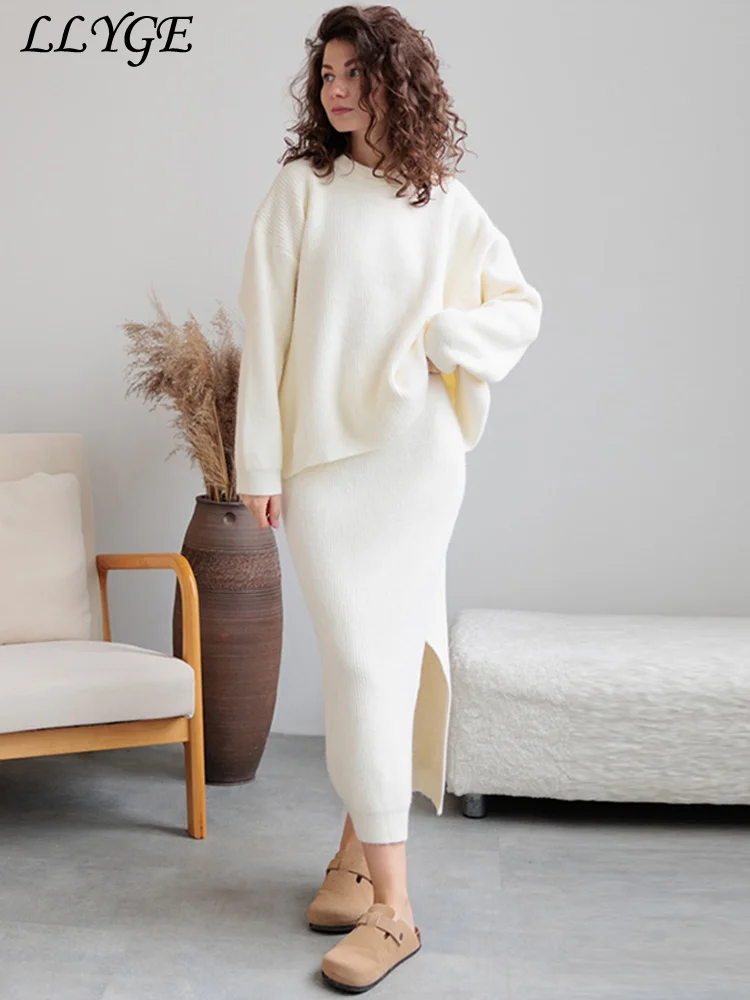 Elegant Solid Sweater Skirt Set Women Loose O-neck Pullover High Waist Side Split Skirts 2024 Autumn Lady Casual Knit Outfits