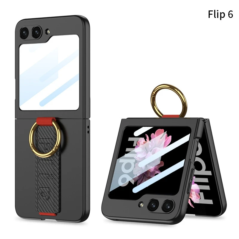 

Shockproof 2 in 1 Glass film Hard PC Phone Case with Ring for Samsung Z Flip 5 6 Elastic Wristband back Cover