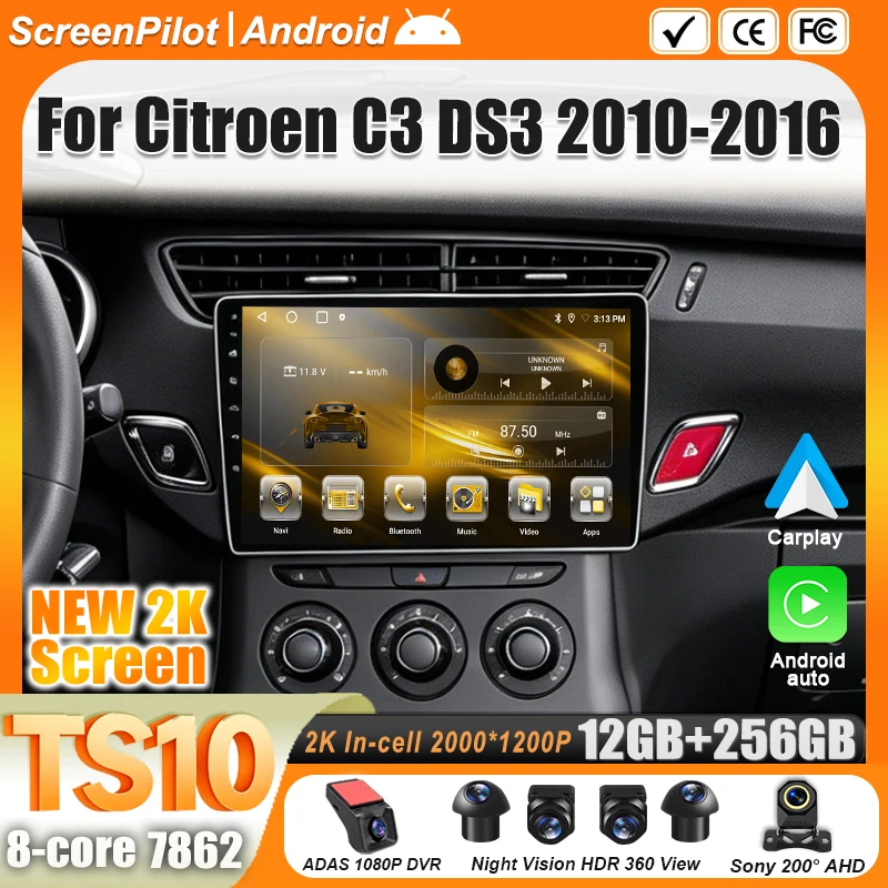 Radio Multimedia para Auto Android 16, Reproductor de Video 2 DIN, Carplay, Bluetooth, RDS, Wifi, para Citroen C3 DS3 2010 2011 2012 2013 2014 - 2016
