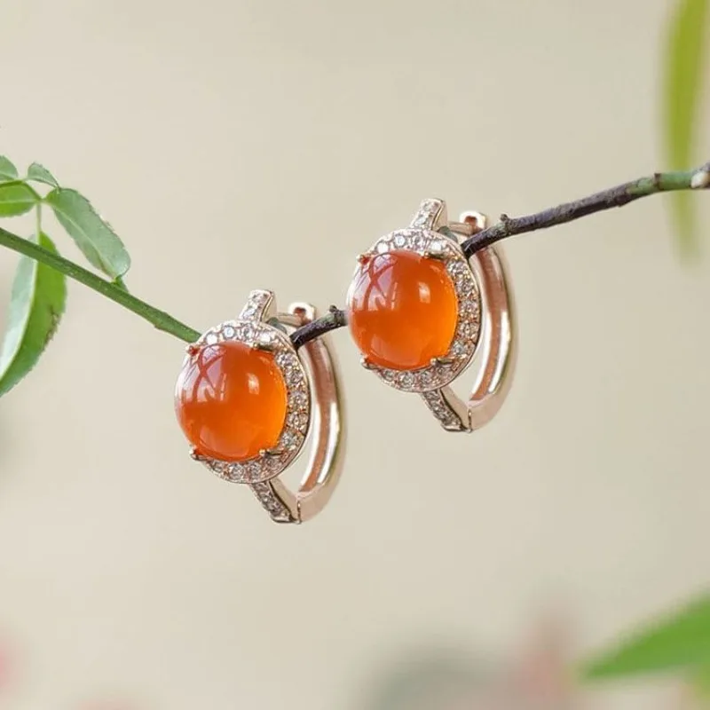 

New in Natural chalcedony Vintage Red Round Hoop earrings for women High quality Charms and Fashionable Banquet Jewelry