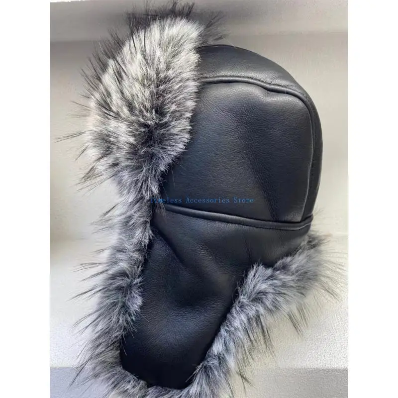 

97QE Faux Furs Ear Flap Trapper Hat Winter Warm Lining PU Ushanka Hat for Men Women