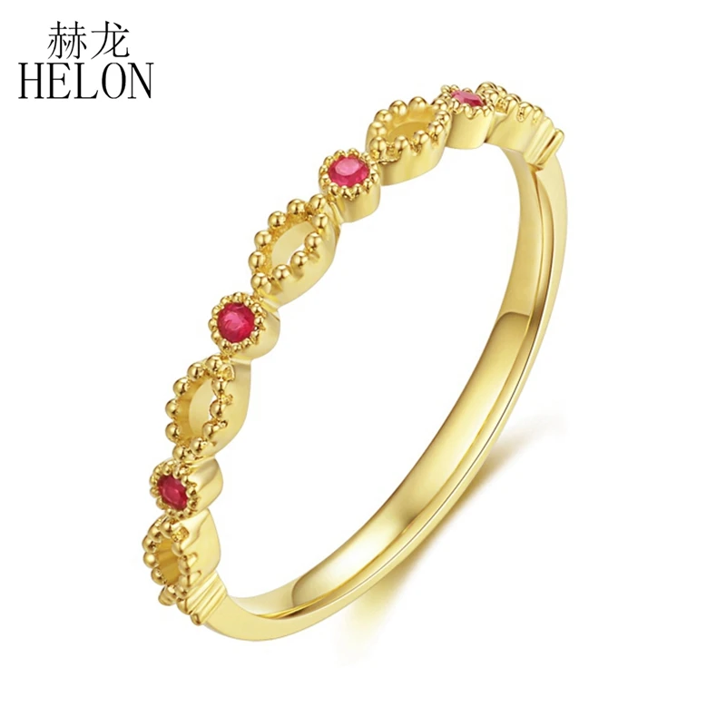 HELON Solid 18k 14K 10k Yellow Gold Genuine Ruby Engagement Wedding Ring Women Gemstone Vintage Antique Trendy Fine Jewelry