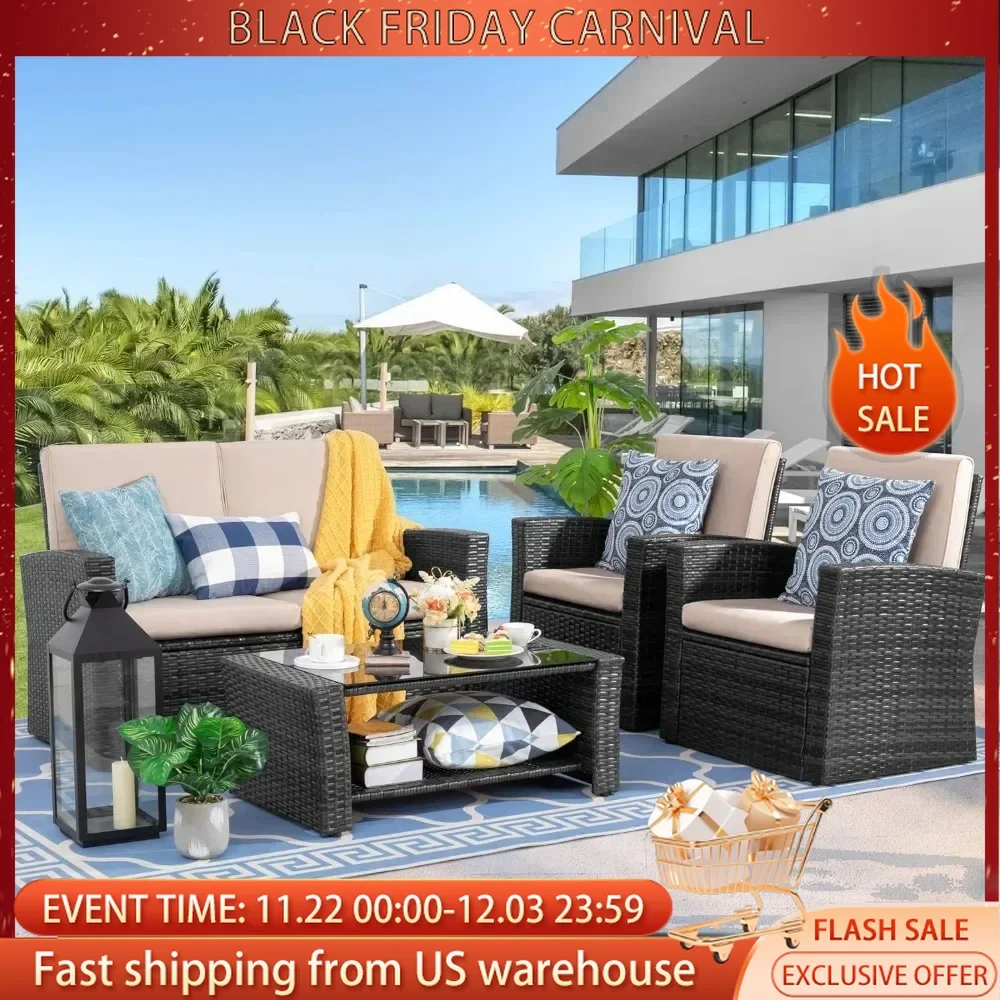 Outdoor Patio Furniture Set With Glass Coffee Table 4 Piece Comfort Rectangular  Outdoor Sofa Wicker Rattan Modular Sofa