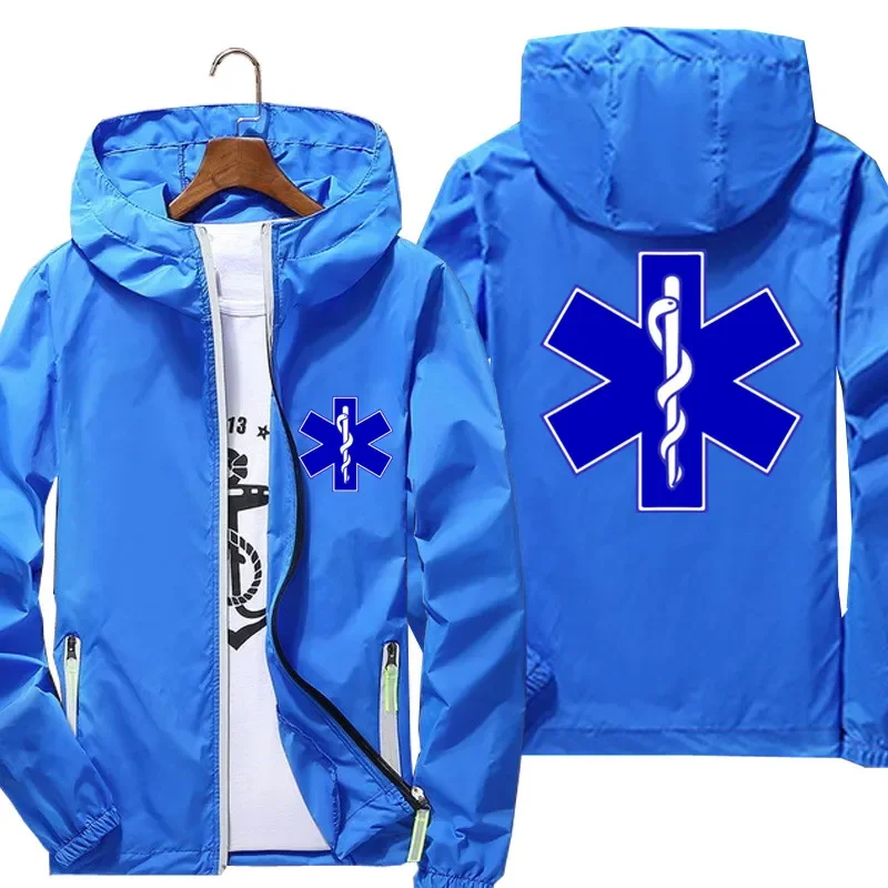 Casual Men Windbreaker Thin Reflective Sunscreen EMT Emergency Ambulance Hooded Coat Fashion Pilot Cycling Jacket