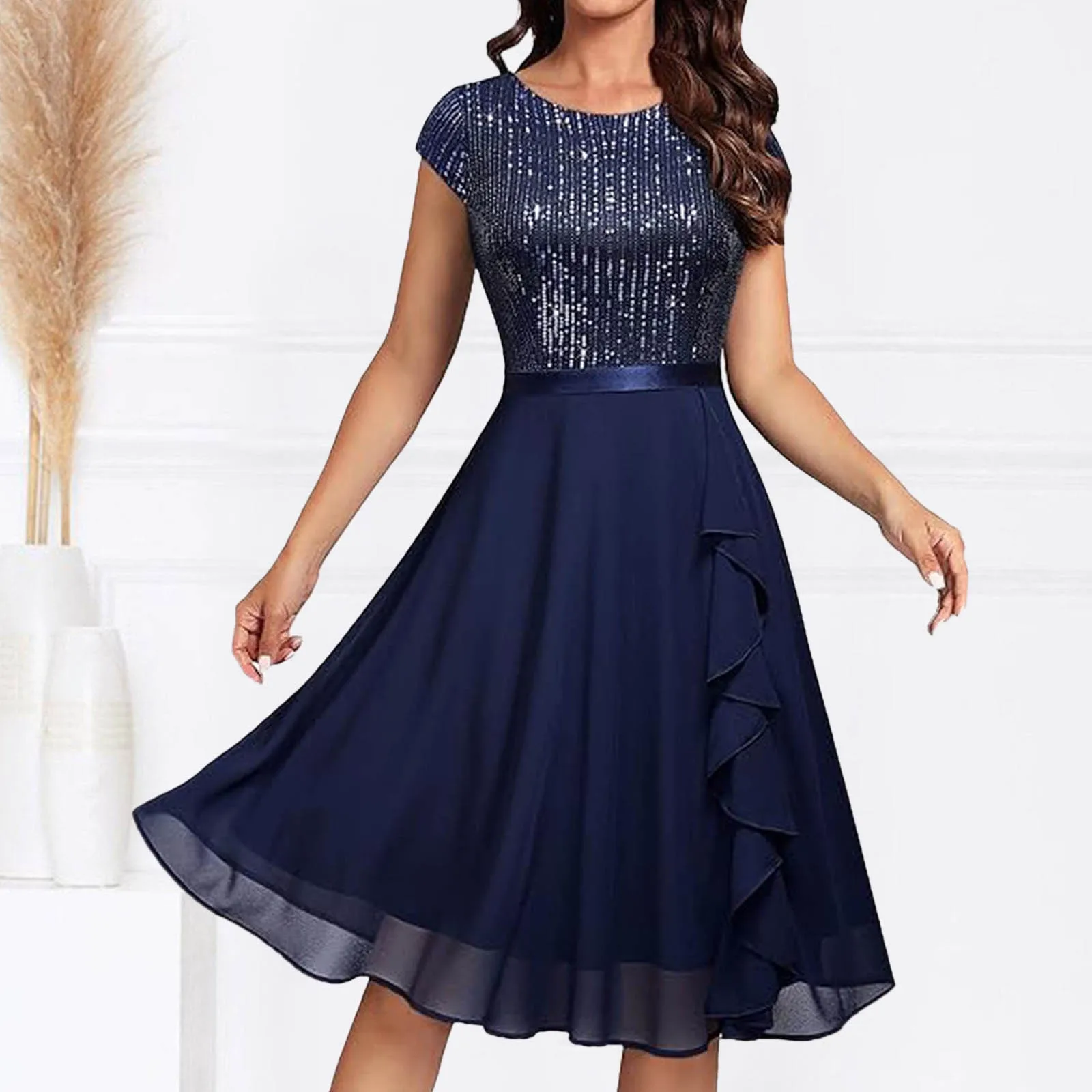 Elegant Ladies Sequin Chiffon Dress Fashion Short Sleeve O-Neck Solid Color Dress For Women All Season Formal Evening Party Gown