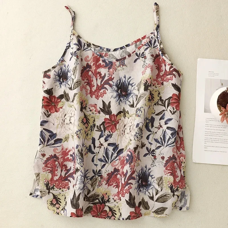 Vintage Floral Print Boho Style Cotton Linen Camisole Tank Top Women Summer Adjustable Strap Sleeveless T-shirt Elegant Lady Top