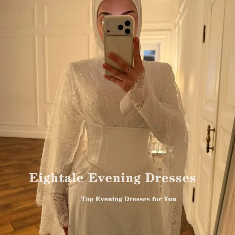 Eightale Arabic Wedding Dress Lace Beaded Customized Bridal Gown Long Sleeves Dubai Muslim Bride Party Dress Vestido De Novia