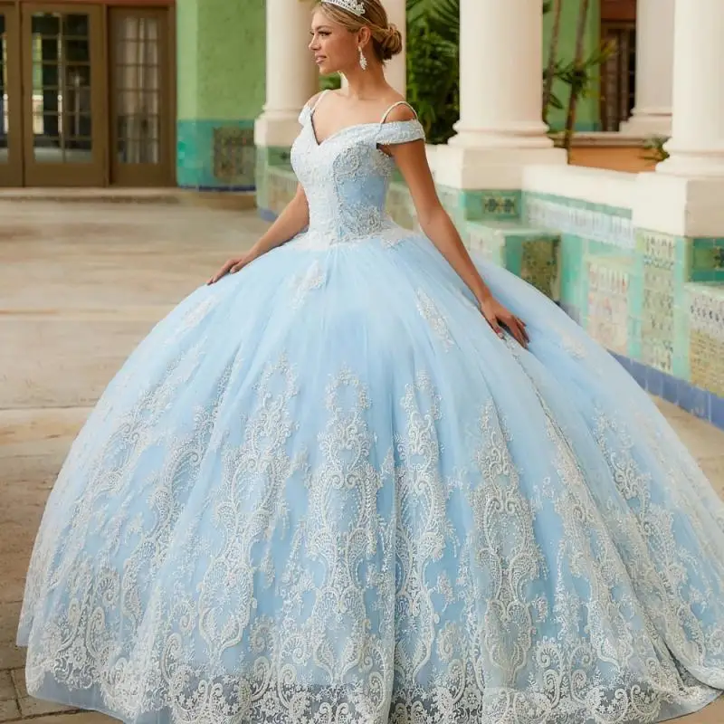 Vestido de baile azul com apliques Spaghetti Lace Sweetheart, vestido 16 doce, vestido Quinceanera, 2024