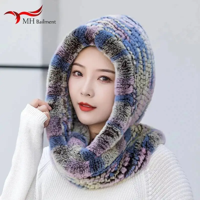 

Женская вязаная шапка из меха кролика рекс, зимняя теплая меховая длинная шапка с шарфом на шею, теплая шапка из натурального меха, уличная пушистая шапка-ушанка