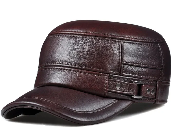 Winter Genuine Leather Cap Men's Flat Caps Military Hat Elegant Man Baseball Cap British Vintage Cowhide Ear Warm Hat